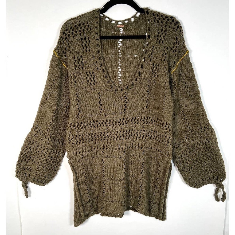 Free People Flower Child Tunic Sweater S Green Open Knit Eyelet Pullover - Picture 3 of 8